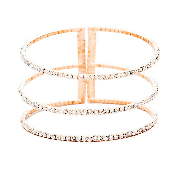 Rose Gold 3Row Split Layer Round Crystal Detail Cuff Evening Bracelet, is an awesome evening bracelet to enlighten your outfit on special occasions and make you feel absolutely special. It adds a pop of pretty color to enrich your look. Coordinate with any outfit for a special occasion to make you absolutely gorgeous and make yourself stand out from the crowd. This is the jewelry that you need to show off to attract the crowd on a special occasion and make the moments memorable!