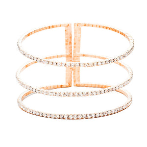 Rose Gold 3Row Split Layer Round Crystal Detail Cuff Evening Bracelet, is an awesome evening bracelet to enlighten your outfit on special occasions and make you feel absolutely special. It adds a pop of pretty color to enrich your look. Coordinate with any outfit for a special occasion to make you absolutely gorgeous and make yourself stand out from the crowd. This is the jewelry that you need to show off to attract the crowd on a special occasion and make the moments memorable!