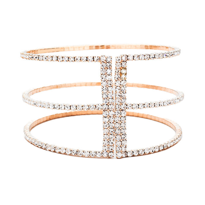 Rose Gold 3Row Split Layer Round Crystal Detail Cuff Evening Bracelet, is an awesome evening bracelet to enlighten your outfit on special occasions and make you feel absolutely special. It adds a pop of pretty color to enrich your look. Coordinate with any outfit for a special occasion to make you absolutely gorgeous and make yourself stand out from the crowd. This is the jewelry that you need to show off to attract the crowd on a special occasion and make the moments memorable!