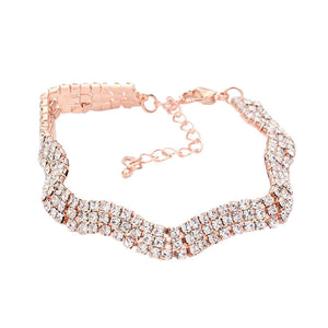 Rose Gold 3Rows Rhinestone Wavy Evening Bracelet. This Rhinestone Evening Bracelet sparkles all around with it's surrounding round stones, stylish stretch bracelet that is easy to put on, take off and comfortable to wear. It looks modern and is just the right touch to set off LBD. Perfect jewelry to enhance your look. Awesome gift for birthday, Anniversary, Valentine’s Day or any special occasion.