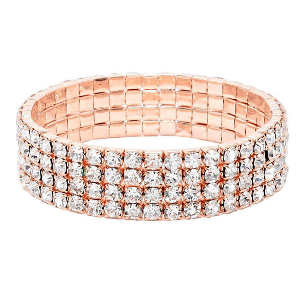 Rose Gold 4Rows Rhinestone Stretch Evening Bracelet, This Rhinestone Stretch Bracelet sparkles all around with it's surrounding round stones, stylish stretch bracelet that is easy to put on, take off and comfortable to wear. It looks modern and is just the right touch to set off LBD. Perfect jewelry to enhance your look. Awesome gift for birthday, Anniversary, Valentine’s Day or any special occasion.