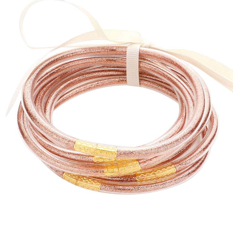 Rose Gold 7PCS Glitter Jelly Tube Bangle Bracelets, are a beautiful & unique collection to your attire to make your look more attractive. Perfect decoration as formal or casual wear at a party, work, or shopping for ladies and girls to wear. The bracelet is filled with enough glitter, it's sparkled in the light. Beautiful bracelets will help you get more compliments on your everyday wear.