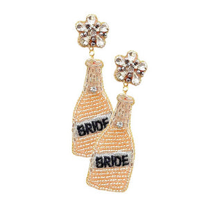 Rose Gold BRIDE Felt Back Seed Beaded Champagne Dangle Earrings, This Champagne earring will glow up your special occasion, stylist and fashionable beaded handcrafted jewelry that fits your lifestyle, Dangle earring add extra special to your outfit! Enhance your attire with these beautiful artisanal wedding & bridal themed earrings to show off your fun trendsetting style. Lightweight and comfortable for wearing. Perfect for New Year's Eve Party, bachelorette party, Christmas Holiday Party and Celebration.