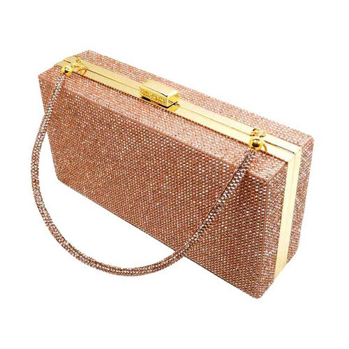 Bling Rectangle Evening Tote Clutch Crossbody Bag - Rose Gold