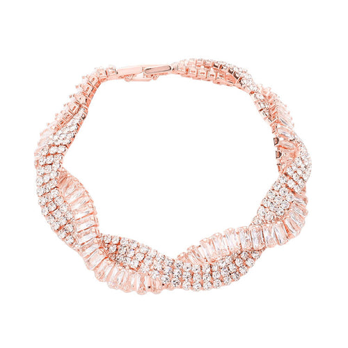 Pulsera de noche trenzada con circonitas cúbicas - Oro rosa