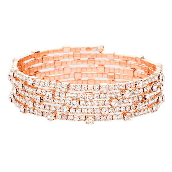 Rose Gold Brass Metal Round Stone Accented Rhinestone Coil Bracelet, Get ready with these Rhinestone Coil Bracelet, put on a pop of color to complete your ensemble. Perfect for adding just the right amount of shimmer & shine and a touch of class to special events. Perfect Birthday Gift, Anniversary Gift, Mother's Day Gift.