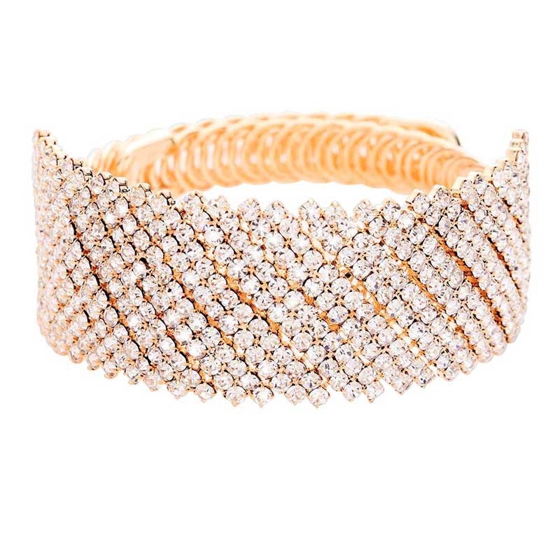 Rose Gold Crystal Rhinestone Adjustable Evening Bracelet, brings a gorgeous glow to your outfit to show off the royalty on any special occasion. It's a perfect beauty that highlights your appearance and grasps everyone's eye on any special occasion. Wear this beauty to add a gorgeous glow to your special outfit at weddings, wedding showers, receptions, anniversaries, and other special occasions. A beautiful gift and an ideal choice for your loved one or yourself to glow on any special day!