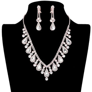 Rose Gold Crystal Rhinestone Teardrop Necklace Clip on Earring Set, beautifully crafted design adds a gorgeous glow to any outfit to show your ultimate class. Jewelry that fits your lifestyle with the perfect look! The perfect accessory for adding just the right amount of shimmer and a touch of class to special events. It's perfectly lightweight so that it can be worn throughout the whole week. 