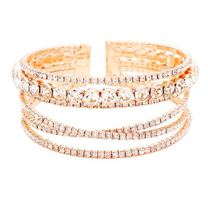 Rose Gold Crystal Round Rhinestone Pave Cuff Bracelet, these rhinestone bracelets can light up any outfit, and make you feel absolutely flawless everywhere and even at any special occasion. Fabulous fashion and crystal round style adds a pop of pretty color to your attire that brings compliments to you. Coordinate with any ensemble from business casual to everyday wear and even special occasion outfits. Add something special to your outfit at any special occasion! 