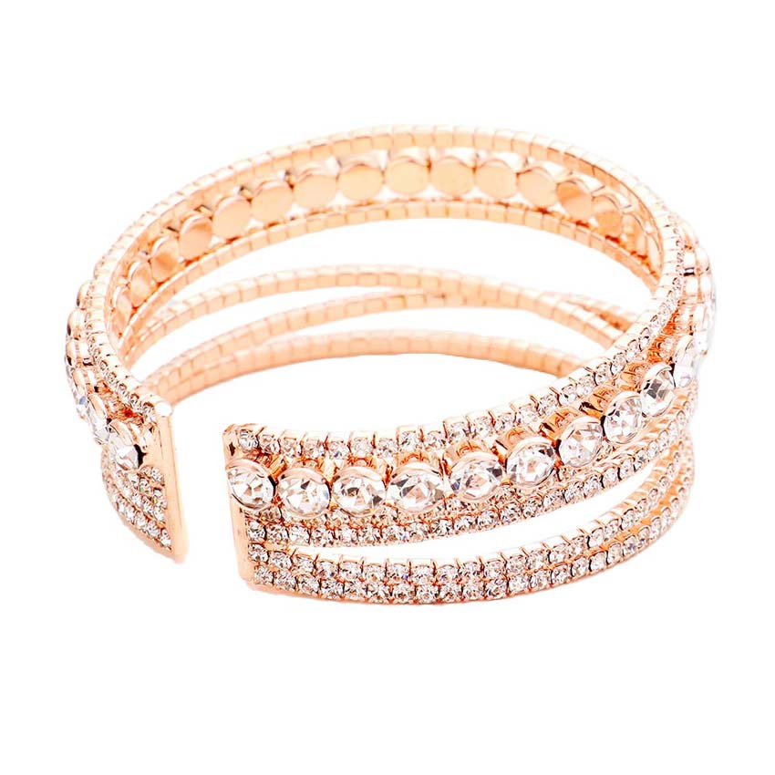 Rose Gold Crystal Round Rhinestone Pave Cuff Bracelet, these rhinestone bracelets can light up any outfit, and make you feel absolutely flawless everywhere and even at any special occasion. Fabulous fashion and crystal round style adds a pop of pretty color to your attire that brings compliments to you. Coordinate with any ensemble from business casual to everyday wear and even special occasion outfits. Add something special to your outfit at any special occasion! 