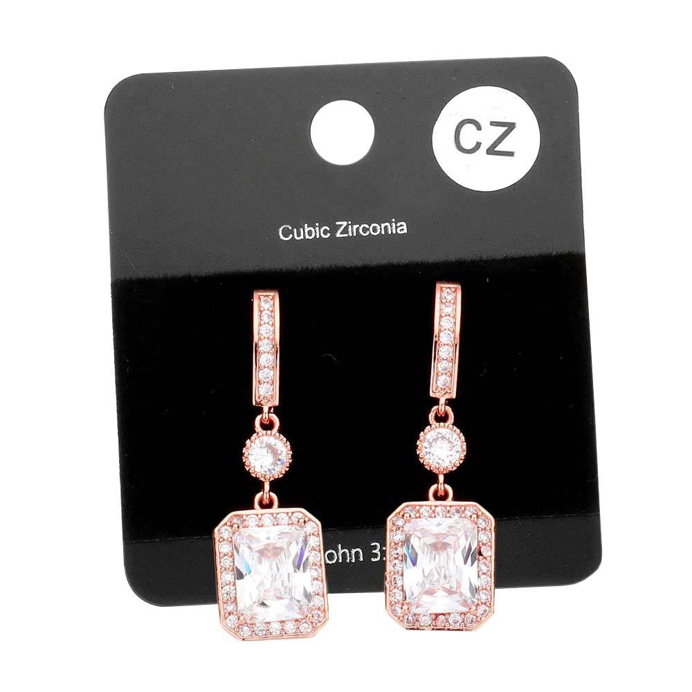 Rose Cz Emerald Cut Accented Dangle Evening Earrings, wear these intricate earrings to stand out and be trendy this season on any special occasion!  The perfect set of sparkling earrings adds a sophisticated & stylish glow to any outfit. They dangle on your earlobes to show the perfect beauty with confidence on any special occasion. Perfect Birthday, Anniversary, Mother's Day, Graduation, Prom Jewelry, Just Because, Thank you, Valentine's Day, etc. Show your perfect beauty!