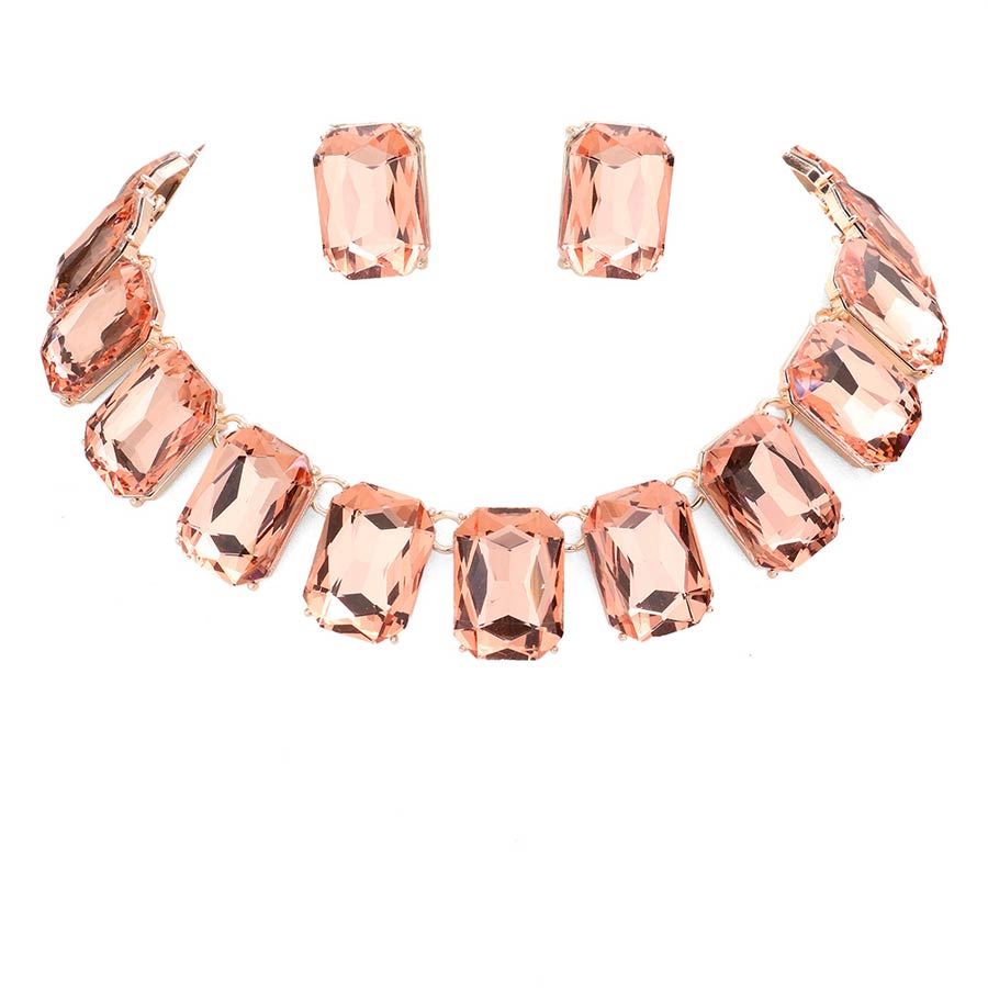 Rose Gold Emerald Cut Stone Link Evening Necklace, This gorgeous necklace jewelry set will show your class on any special occasion. The elegance of these stones goes unmatched, great for wearing at a party! stunning jewelry set will sparkle all night long making you shine like a diamond on special occasions. Perfect jewelry to enhance your look and for wearing at parties, weddings, date nights, or any special event. 