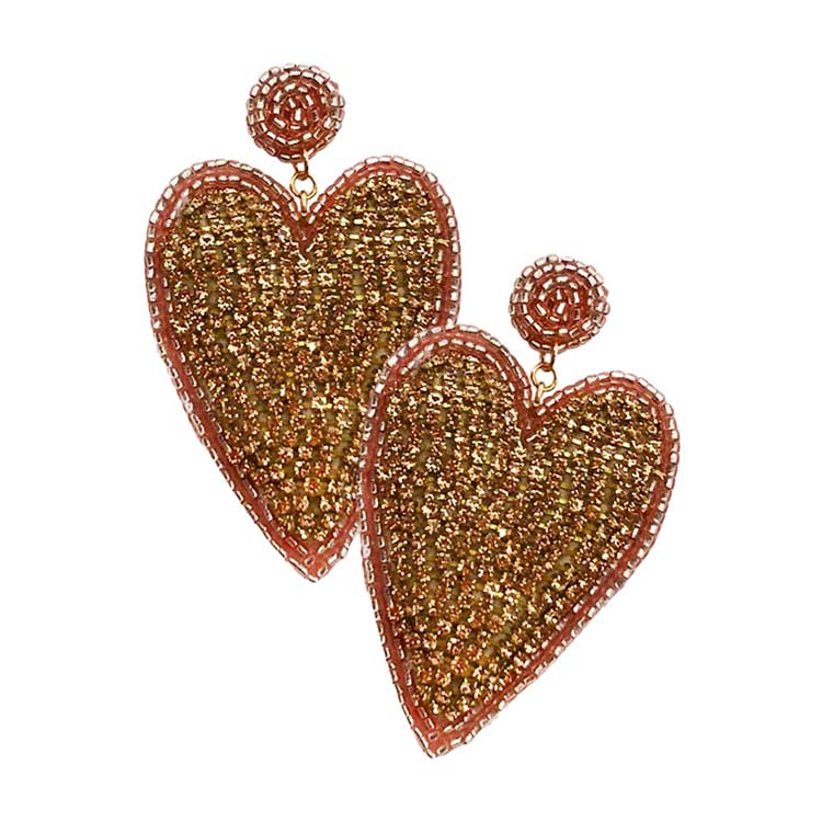 Rose Gold Felt Back Rhinestone Seed Beaded Heart Dangle Earrings, These gorgeous Rhinestone pieces will show your class on any special occasion. Take your love for accessorizing to a new level of affection with these seed-beaded heart-dangle earrings. Wear these lovely earrings to make you stand out from the crowd & show your trendy choice this valentine.