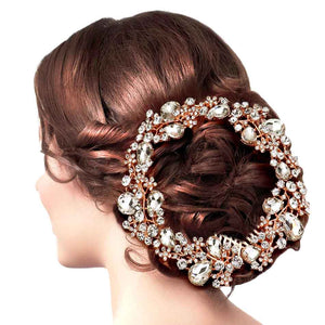 Rose Gold Floral Pave Glass Crystal Hair Comb, Crystal Flower Detailed Glass Pave Accented Statement Hair Comb, Perfect for adding just the right amount of shimmer & shine, will add a touch of class, beauty and style to your wedding, prom, special events, embellished glass crystal to keep your hair sparkling all day & all night long. 