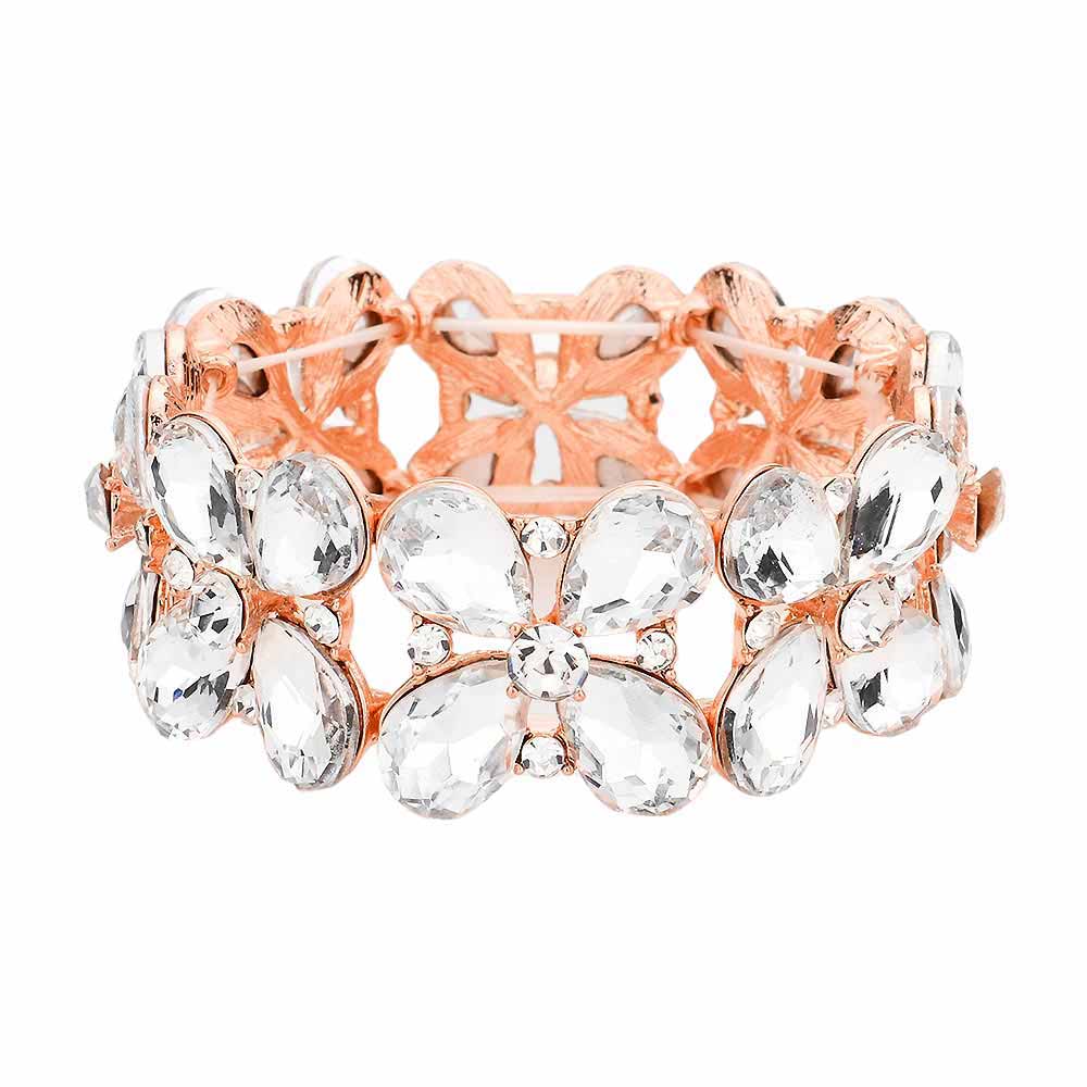 Rose Gold Floral Teardrop Glass Crystal Stretch Evening Bracelet, this Crystal Stretch Bracelet sparkles all around with it's surrounding round stones, stylish stretch bracelet that is easy to put on, take off and comfortable to wear. It looks so pretty, brightly, and elegant on any special occasion. Jewelry offers a wide variety of exquisite jewelry for your Party, Prom, Pageant, Wedding, Sweet Sixteen, and other Special Occasions! Stay gorgeous wearing this stunning floral design stretch bracelet.