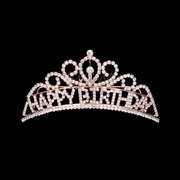 Rose Gold Happy Birthday Rhinestone Party Tiara. Turn any cake into a royal treat for your daughter's princess themed birthday party with this Tiara. Ideal for dolling up the guest of honor on her special day, this party tiara also makes a fun cake decoration. Add it to a gift for the birthday girl or lay it at her place setting to be donned right before she blows out the candles on her birthday cake.