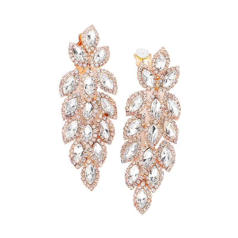 Rose Gold Marquise Crystal Oval Cluster Vine Clip On Earrings, The perfect set of sparkling earrings adds a sophisticated & stylish glow to any outfit. Perfect for adding just the right amount of shimmer & shine and a touch of class to special events. These earrings pair perfectly with any ensemble from business casual, to night out on the town or a black tie party.