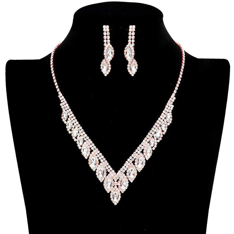 Rose Gold Marquise Stone Accented Rhinestone Necklace. These gorgeous Rhinestone pieces will show your class on any special occasion. The elegance of these rhinestones goes unmatched, great for wearing at a party! Perfect for adding just the right amount of glamour and sophistication to important occasions.