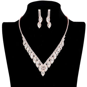 Rose Gold Marquise Stone Accented Rhinestone Necklace. These gorgeous Rhinestone pieces will show your class on any special occasion. The elegance of these rhinestones goes unmatched, great for wearing at a party! Perfect for adding just the right amount of glamour and sophistication to important occasions.