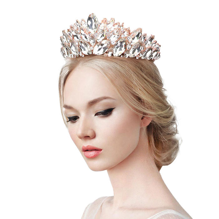 Rose Gold Marquise Stone Cluster Vine Pageant Tiara, this tiara features precious stones and an artistic design. Makes You More Eye-catching in the Crowd. Suitable for Wedding, Engagement, Prom, Dinner Party, Birthday Party, Any Occasion You Want to Be More Charming.