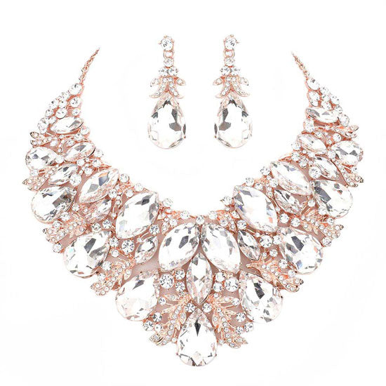 Rose Gold Marquise Teardrop Stone Accented Leaf Evening Necklace. Wear together or separate according to your event, versatile enough for wearing straight through the week, perfectly lightweight for all-day wear, coordinate with any ensemble from business casual to everyday wear, the perfect addition to every outfit. Perfect Birthday Gift, Anniversary Gift, Mother's Day Gift, Valentine's Day Gift.
