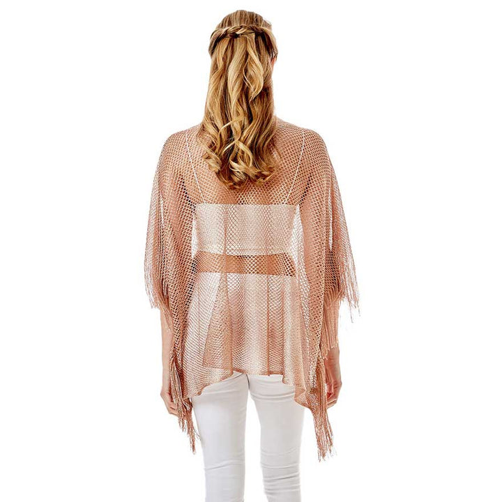 Rose Gold Metallic Net Cover Up Fringes Poncho, This timeless Fringes Poncho is Soft, Lightweight and Breathable Fabric, Close to Skin, Comfortable to Wear. Sophisticated, flattering and cozy, this Poncho drapes beautifully for a relaxed, pulled-together look. Suitable for Weekend, Work, Holiday, Beach, Party, Club, Night, Evening, Date, Casual and Other Occasions in Spring, Summer and Autumn.