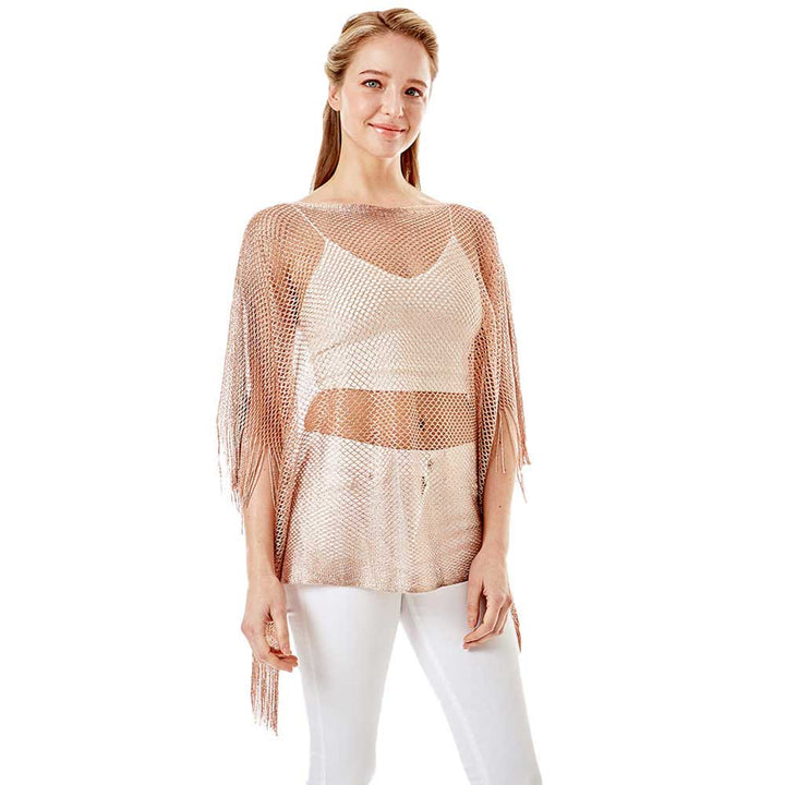 Rose Gold Metallic Net Cover Up Fringes Poncho, This timeless Fringes Poncho is Soft, Lightweight and Breathable Fabric, Close to Skin, Comfortable to Wear. Sophisticated, flattering and cozy, this Poncho drapes beautifully for a relaxed, pulled-together look. Suitable for Weekend, Work, Holiday, Beach, Party, Club, Night, Evening, Date, Casual and Other Occasions in Spring, Summer and Autumn.