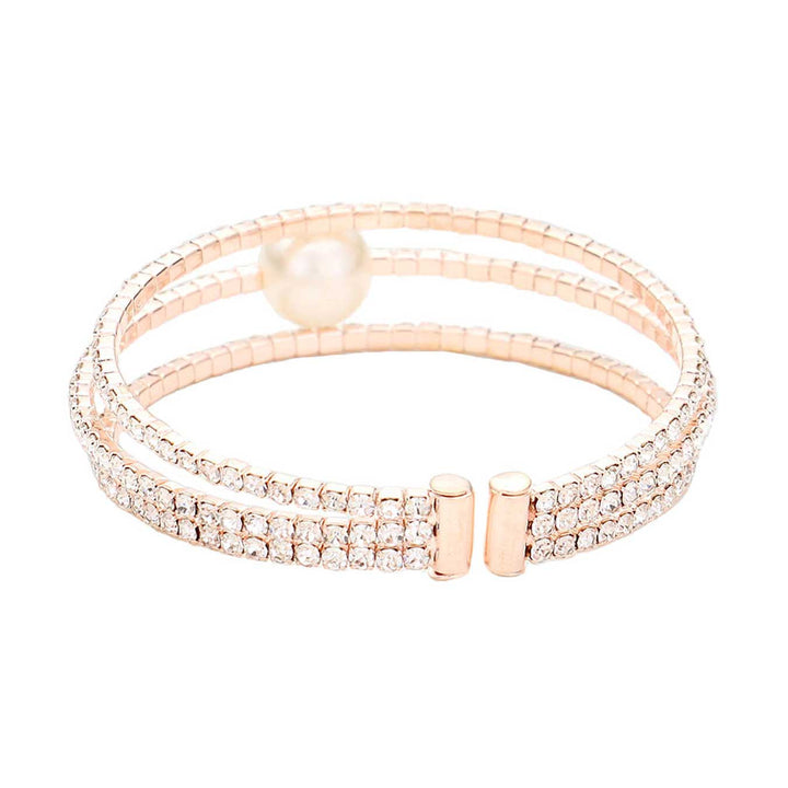 Rose Gold Pearl Accented Split Rhinestone Evening Cuff Bracelet. These gorgeous rhinestone pieces will show your class in any special occasion. The elegance of these rhinestone goes unmatched, great for wearing at a party! Perfect jewelry to enhance your look. Awesome gift for birthday, Anniversary, Valentine’s Day or any special occasion.