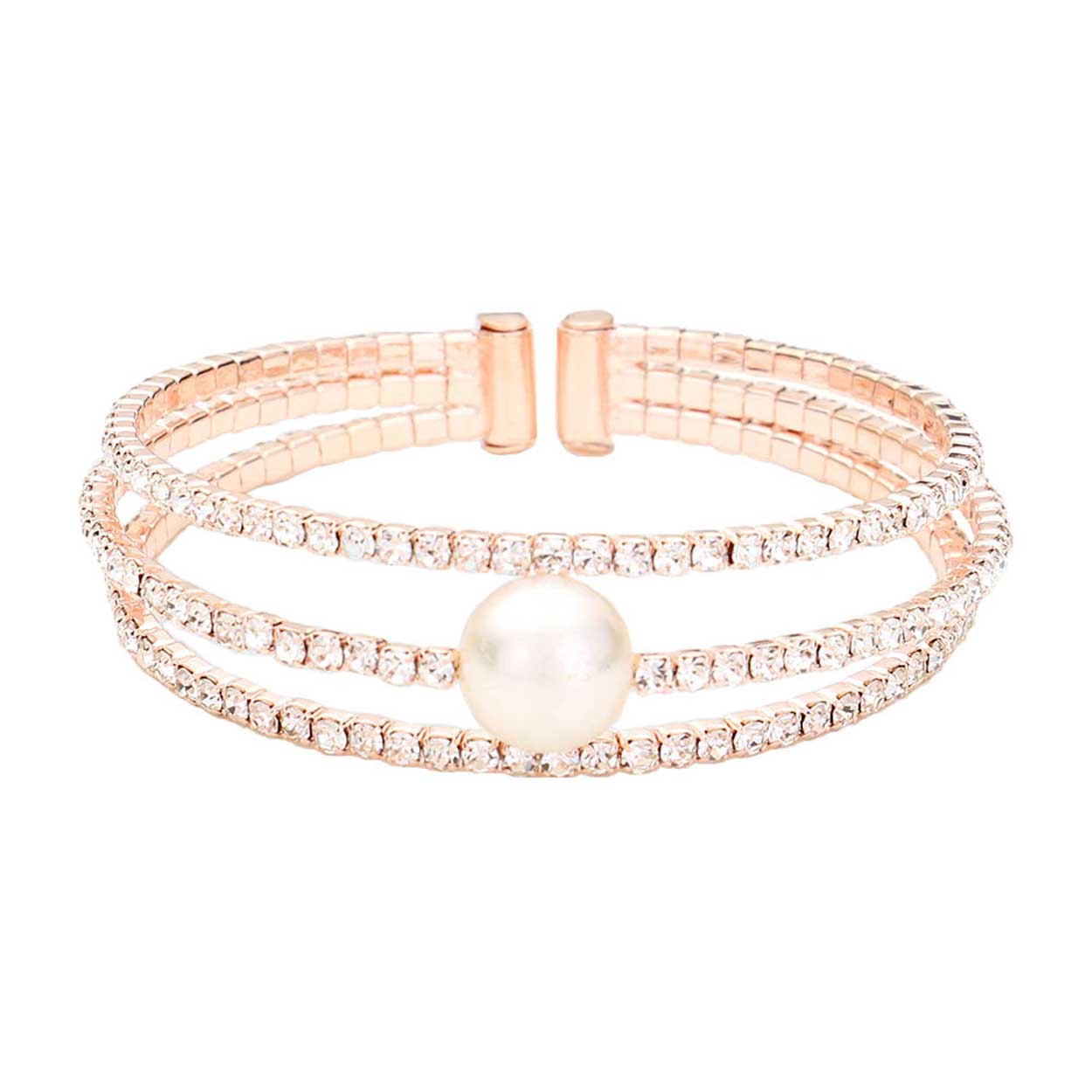 Rose Gold Pearl Accented Split Rhinestone Evening Cuff Bracelet. These gorgeous rhinestone pieces will show your class in any special occasion. The elegance of these rhinestone goes unmatched, great for wearing at a party! Perfect jewelry to enhance your look. Awesome gift for birthday, Anniversary, Valentine’s Day or any special occasion.