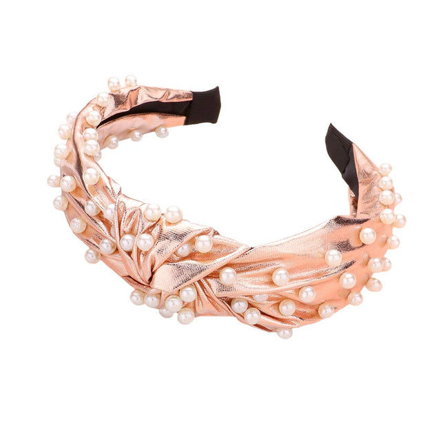 Rose Gold Pearl Embellished Burnout Knot Headband, the combination of pearl sewn on a knot headband will make you feel glamorous. Be ready to receive compliments. Be the ultimate trendsetter wearing this knotted headband with all your stylish outfits! Exquisite enough to use on the wedding day. 