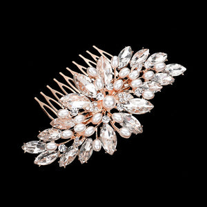 Rose Gold Pearl Embellished Marquis Stone Cluster Hair Comb.  Keep your hairstyle as glamorous as you are with this Stone hair comb! Add spectacular sparkle into your hair do. Perfect for adding just the right amount of shimmer & shine, will add a touch of class, beauty and style to your wedding, prom, special events, embellished pearl cluster to keep your hair sparkling all day & all night long. 