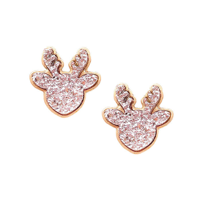 Rose Gold Post Back Druzy Reindeer Stud Earrings. Get ready with these Earrings. Beautifully crafted design adds a gorgeous glow to any outfit. Jewelry that fits your lifestyle! Perfect Birthday Gift, Anniversary Gift, Mother's Day Gift, Anniversary Gift, Graduation Gift, Prom Jewelry, Just Because Gift, Thank you Gift.