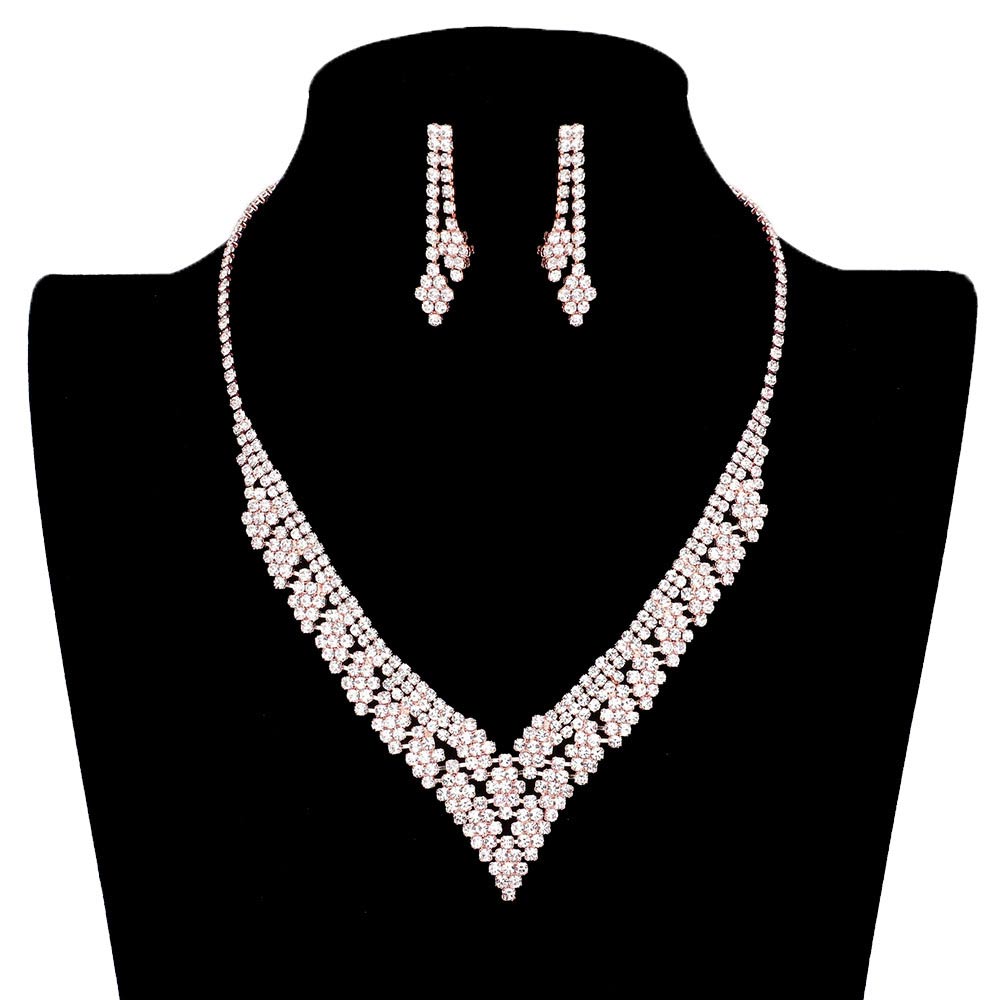 Rose Gold perfect beauty & class on any special occasion. The elegance of these rhinestones goes unmatched. Great for wearing at a party! Perfect for adding just the right amount of glamour and sophistication to important occasions. These classy Rhinestone Pave V-shaped Jewelry Sets are perfect for parties, Weddings, and Evenings.