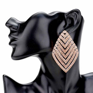 Rose Gold Rhinestone V Shape Rhombus Evening Earrings, Elegance becomes your constant companion while wearing these shiny glamorous v-shaped Rhinestone earrings. The perfect sparkling jewelry to add the perfect amount of luxe to your next social or special occasion or event. Coordinate these evening earrings with any ensemble from business casual wear to make you stand out everywhere. Show off your absolute beauty with ultimate luxury.