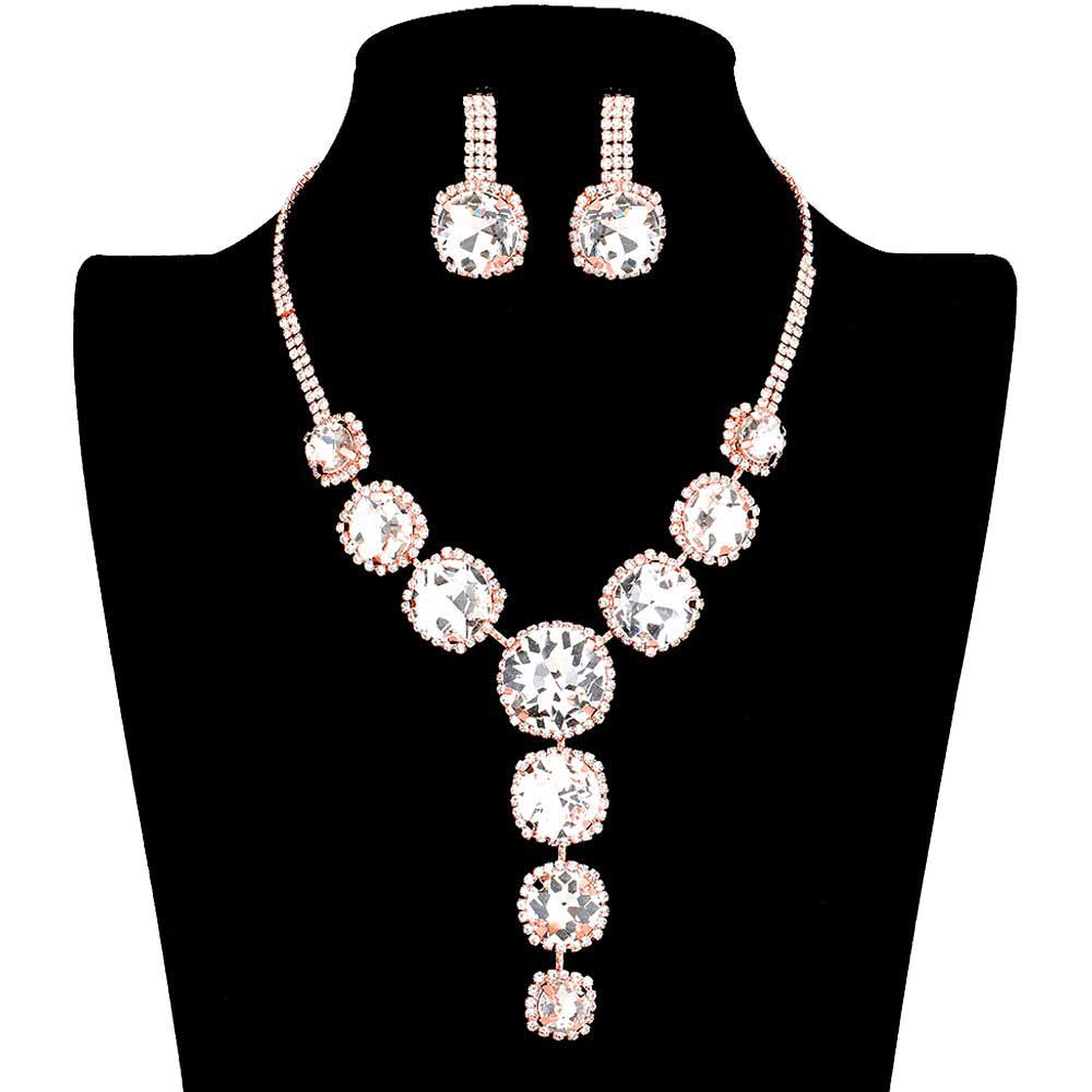 Rose Gold Round Stone Accented Evening Necklace, These fashionable trendy stone accented Necklace for women are suitable for every girl as well! Wearing it you are a unique fashion in the crowd. sophisticated look you have been craving for! Stunning evening necklace will sparkle all night long making you shine out like a diamond. perfect for a night out on the town or a black tie party.