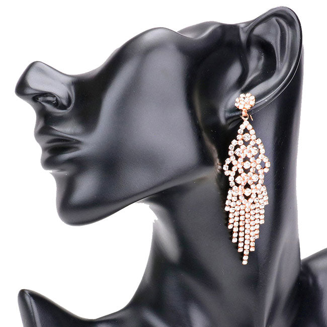 Rose Gold Round Stone Rhinestone Fringe Dangle Evening Earrings. Classic, Elegant dangle earrings Special Occasion ideal for parties, weddings, graduation, prom, holidays, pair these evening earrings with any ensemble for a polished look. These earrings pair perfectly with any ensemble from business casual, to night out on the town or a black tie party. Also makes a great gift for a loved one or for yourself.