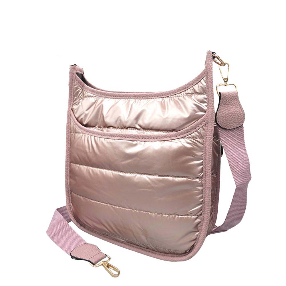 Rose Gold Solid Quilted Shiny Puffer Crossbody Bag, Complete the look of any outfit on all occasions with this Shiny Puffer Crossbody. It offers enough room for your essentials. With a One Inside Zipper Pocket, three two inside slip pockets and a secured Magnetic Closure at the top, this bag will be your new go to! Casual Easy style using for: Work, School, Excursion, Going out, Shopping, Party, etc.