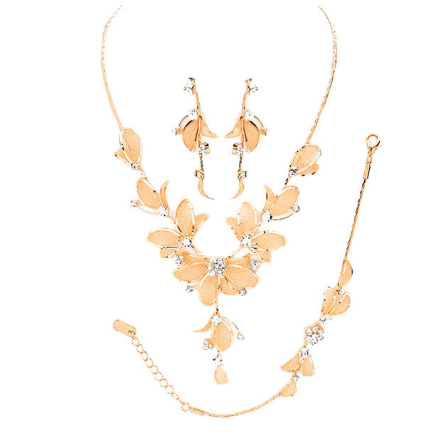 Rose Gold Stone Accented Metal Mesh Petal Jewelry Set, These Necklace jewelry sets are Elegant. Get ready with these beautifully floral detailed stone Necklace and a bright Bracelet, adds a gorgeous glow to any outfit. Stunning jewelry set will sparkle all night long making you shine out like a diamond. Suitable for wear Party, Wedding, Date Night or any special events. Perfect Birthday, Anniversary, Prom Jewelry, Thank you Gift. 