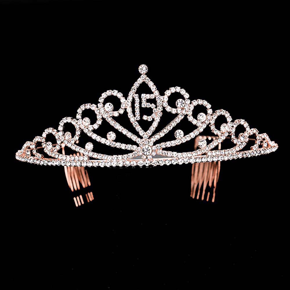 Rose Gold Sweet 15 Rhinestone Princess Tiara, this princess tiara is a classic royal tiara made from gorgeous rhinestone accented is the epitome of elegance. Exquisite design with stunning color and brightness, makes you more eye-catching in the crowd and also it will make you more charming and pretty without fail