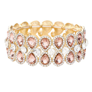 Rose Gold Teardrop Glass Crystal Pave Stretch Evening Bracelet; Look as regal on the outside as you feel on the inside, feel absolutely flawless. Fabulous fashion and sleek style adds a pop of pretty color to your attire, coordinate with any ensemble from business casual to everyday wear