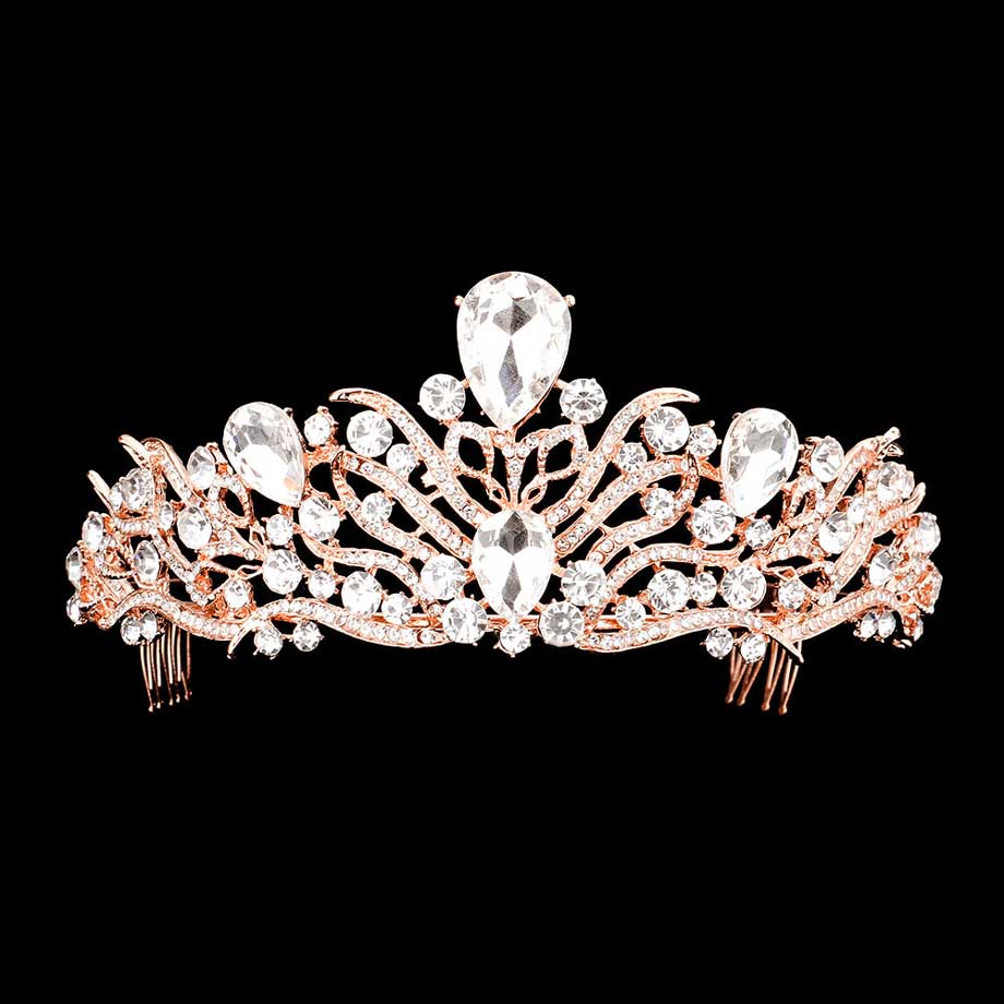 Rose Gold Teardrop Stone Accented Princess Tiara, this princess tiara is a classic royal tiara made from gorgeous stone accented is the epitome of elegance. Exquisite design with beautiful color and brightness makes you more eye-catching in the crowd and will make you more charming and pretty without fail. 
