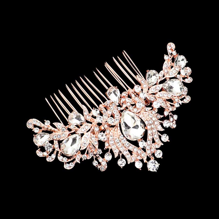 Rose Gold Teardrop Stone Accented Rhinestone Pave Hair Comb. Classic Wedding Hair Accessories, fit for bride and bridesmaid. It is perfect for any hair color and type, make you more glam and shine. Add  spectacular sparkle into your hair do. This Rhinestone pave hair comb  is perfect for wedding, engagement, prom, evening, anniversary, party, banquet, dance, friends gathering and performance and so on. It must be a perfect complement for your dress.