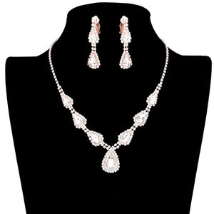 Rose Gold Teardrop Stone Accented Rhinestone Pave Necklace, brings a gorgeous glow to your outfit to show off the royalty on any special occasion. These gorgeous Rhinestone pieces will show your class in any special occasion. The elegance of these Rhinestone goes unmatched, great for wearing at a party! Perfect jewelry to enhance your look. Awesome gift for birthday, Anniversary or any special occasion.