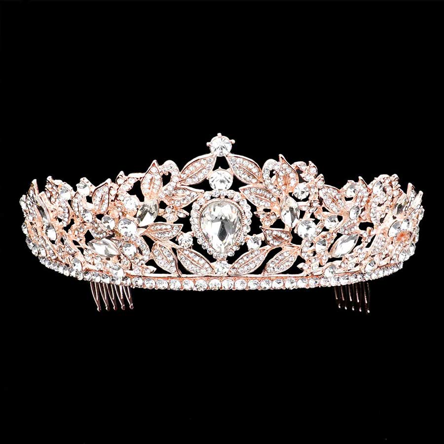 Rose Gold Teardrop Stone Centered Leaf Cluster Princess Tiara, every woman deserves to feel like a queen or princess on her important occasions. This cluster princess tiara will make your dream come true. This teardrop stone princess tiara is beautiful and makes you feel fabulous.