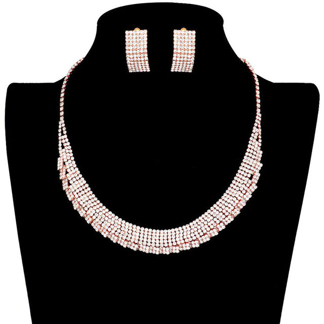 Rose Gold Trendy Crystal Rhinestone Pave Collar Necklace Earring Set. Stunning jewellery sets suits any style and occasion wear over your favorite tops and dresses this season!  Adds the perfect accent to your wardrobe. A timeless treasure designed to accent the neckline adds a gorgeous stylish glow to any outfit style, jewelry that fits your lifestyle! This piece is versatile and goes with practically anything! Fabulous gift, ideal for your loved one or yourself.