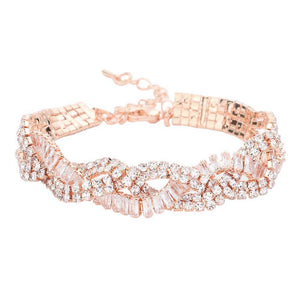 Rose Gold Twisted CZ Stone Pave Evening Bracelet. These gorgeous Stone pieces will show your class in any special occasion. The elegance of these Stone goes unmatched, great for wearing at a party! Perfect jewelry to enhance your look. Awesome gift for birthday, Anniversary, Valentine’s Day or any special occasion.