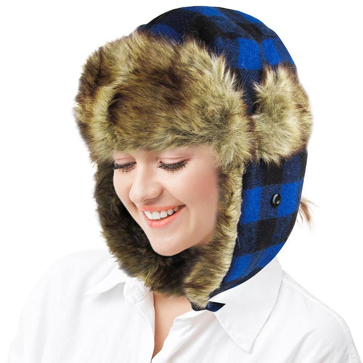 Royal Blue Buffalo Check Patterned Trapper Hat, Soft Structured Fashion with Fur Ear very comfortable winter hat is so soft, its plush Ear Flaps will keep you so warm, and the fur lining keeps you toasty in the coldest weather. Its comforting fur lining provides an added bit of warmth that's perfect for keeping heads covered while paying a nod to your favorites.