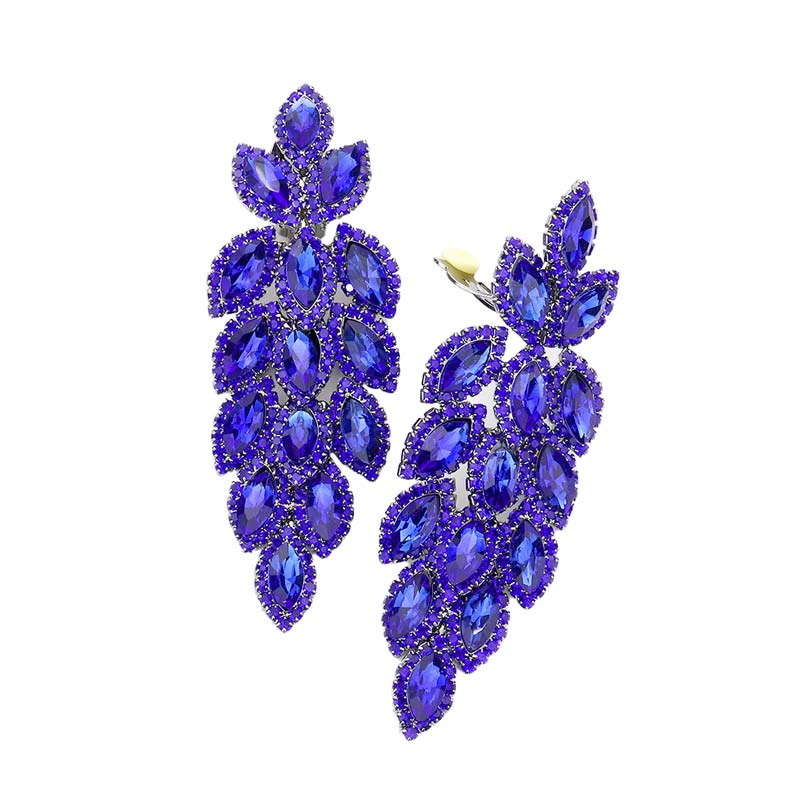 Royal Blue Marquise Crystal Oval Cluster Vine Clip On Earrings, The perfect set of sparkling earrings adds a sophisticated & stylish glow to any outfit. Perfect for adding just the right amount of shimmer & shine and a touch of class to special events. These earrings pair perfectly with any ensemble from business casual, to night out on the town or a black tie party.