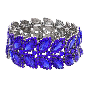 Royal Blue Marquise Stone Embellished Stretch Evening Bracelet, This Marquise Stretch Bracelet sparkles all around with it's surrounding round stones, stylish stretch bracelet that is easy to put on, take off and comfortable to wear. It looks modern and is just the right touch to set off LBD. Perfect jewelry to enhance your look. Awesome gift for birthday, Anniversary, Valentine’s Day or any special occasion.
