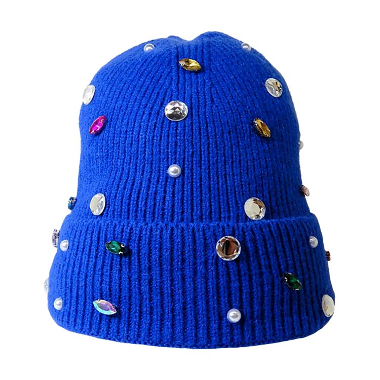 Royal Blue Pearl Jewel Embellished Fleece Lining Knit Beanie Hat, wear this beautiful beanie hat with any ensemble for the perfect finish before running out the door into the cool air. The hat is made in a unique style and it's richly warm and comfortable for winter and cold days. It perfectly meets your chosen goal. An awesome winter gift accessory and the perfect gift item for Birthdays, Christmas, Stocking stuffers, Secret Santa, holidays, anniversaries, Valentine's Day, etc. Stay warm & trendy!